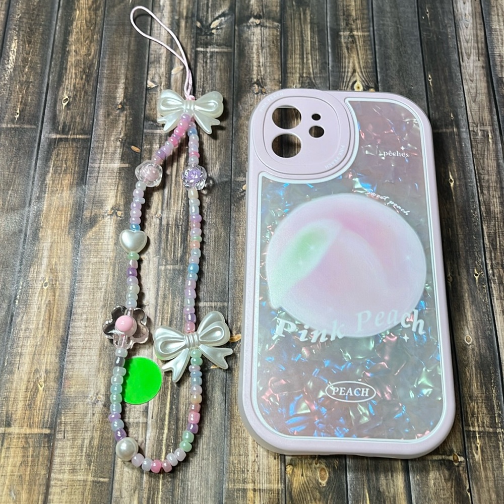 5for$10 Pink Peach Holographic Pink IPhone 12 Phone Case With Beaded Wristlet